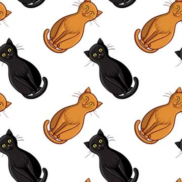 Cute flat cats vector seamless pattern with animals and inscription 库存插图