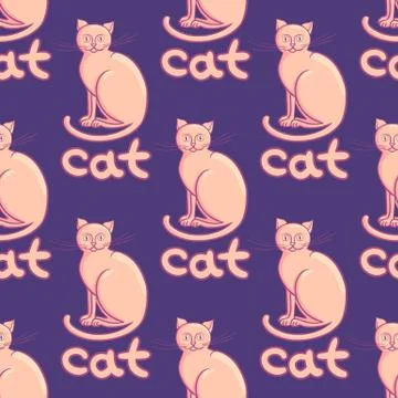 Cute flat cats vector seamless pattern with animals and inscription Illustrazione stock
