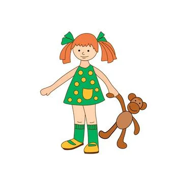 Cute flat colored vector girl with toy monkey Stock Illustration
