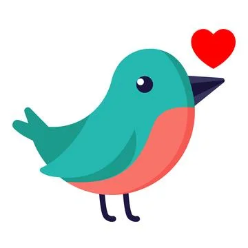 Cute flat design illustration of a teal bird with a coral belly and a red heart Stock Illustration