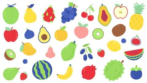 Cute flat design mixed tropical and exotic fruit icon large set collection .. Stock Illustration