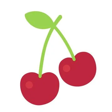 Cute flat design red cherry fruit pair icon with green stem and leaf isolat.. Illustrazione stock