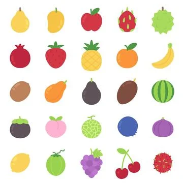Cute flat design tropical fruit icon set collection isolated on white backg.. Illustrazione stock