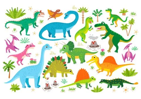 Cute flat dinosaur set. Cartoon prehistoric lizard Stock Illustration