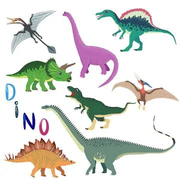 Cute flat dinosaurs, including T-rex, Stegosaurus, Velociraptor, Pterodactyl, Illustrazione stock