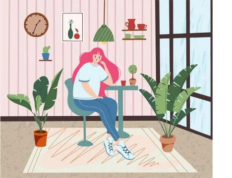 Cute flat girl sitting in cafe Stock Illustration
