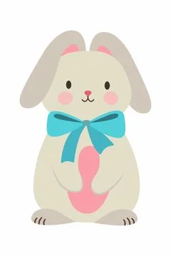 Cute flat illustration of rabbit. Rabbit with a blue bow. Easter bunny. Spring イラスト素材