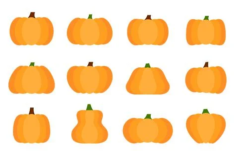 Cute flat pumpkins set with brown and green tails Stock Illustration