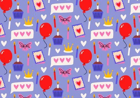 Cute flat seamless Birthday pattern in retro cartoon style. Stock Illustration