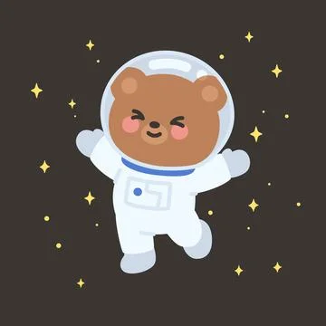 Cute Flat Style Bear Astronaut Floating in Space with Sparkling Stars Stock Illustration