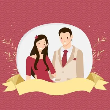 Cute flat style Chinese wedding couple invitation card template Stock Illustration