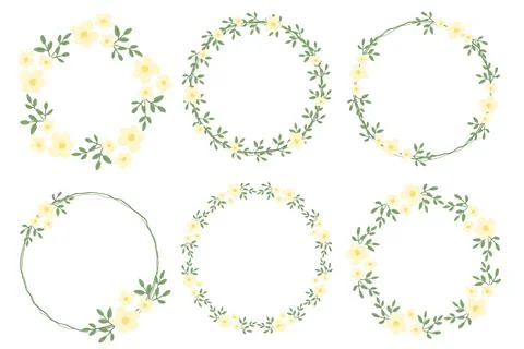 Cute flat style minimal white yellow flower wreath frame collection Stock Illustration