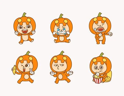 Cute flat style pumpkin vector character illustration with different facial e Stock Illustration