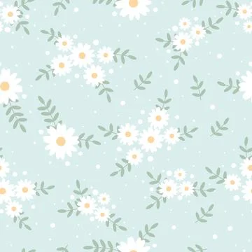 Cute flat style tiny white daisy flower on blue background seamless pattern Stock Illustration