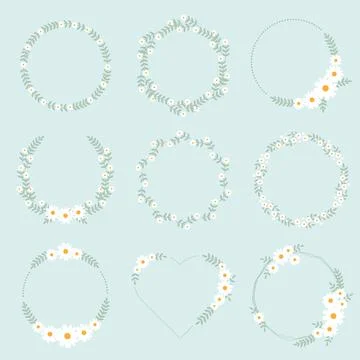 Cute flat style white daisy flower wreath frame on blue background Stock Illustration