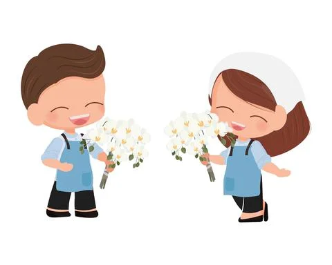 Cute flat style young florist couple with white Phalaenopsis orchid bouquet i Stock Illustration