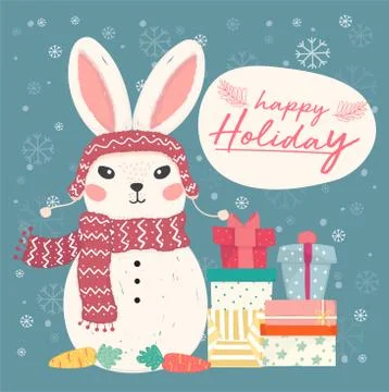 Cute flat vector bunny snowman with pile of gift boxes and snowflake falling, Stock Illustration