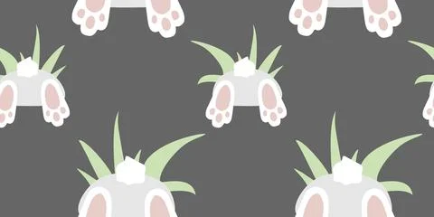 Cute Flat Vector Easter seamless pattern with Bunnies in Hole with Green Gras Stock Illustration