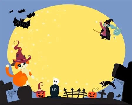 Cute flat vector happy halloween a witch ride a magic bloom, flying over the  Stock Illustration