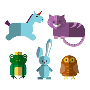 Cute flat vector illustration of magical animals - Cheshire Cat, unicorn Illustrazione stock