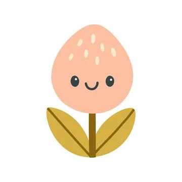 Cute flat vector illustration of a smiling pastel flower with simple leaves in Stock Illustration