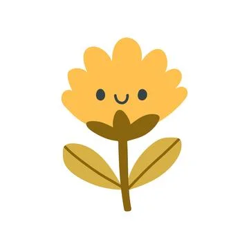 Cute flat vector illustration of a smiling yellow flower with leaves in a Stock Illustration