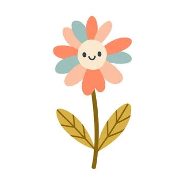 Cute flat vector illustration of a smiling daisy flower in pastel colors Stock Illustration