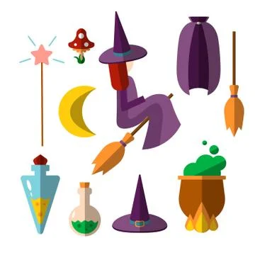 Cute flat vector set of witch, witchcraft items - flying young witch on a Stock Illustration