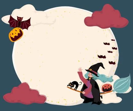 Cute flat vector a witch ride a magic bloom, flying over the full moon with c Stock Illustration