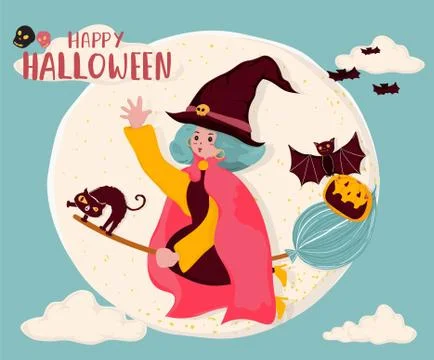 Cute flat vector a witch ride a magic bloom, flying over the full moon with c Stock Illustration