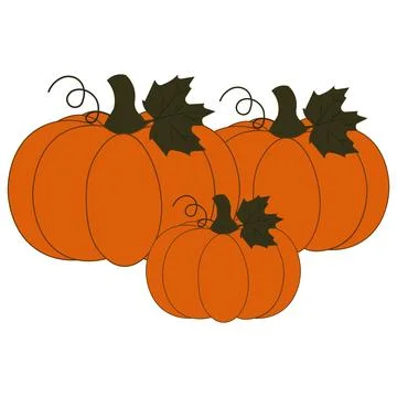 Cute flat vectors pumpkins with green leaves and curly vines Illustration