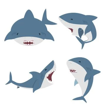Cute flat White shark vector set Stock Illustration