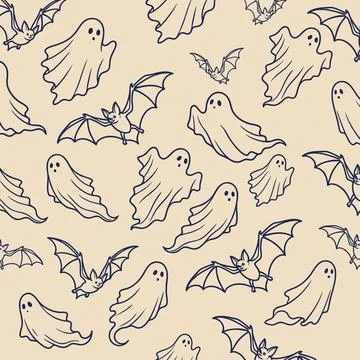 Cute Floating Ghosts and Flying Bats Line Art Seamless Pattern Halloween Vector イラスト素材