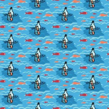 Cute floating message in a bottle with fish cartoon seamless vector pattern Stock Illustration