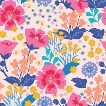 Cute floral pattern. Small and large multicolored flowers. White background.. Stock Illustration