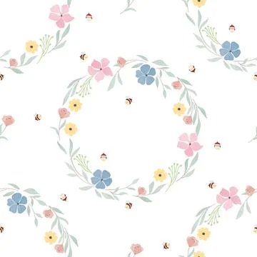 Cute floral seamless pattern with bees Stock Illustration