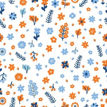Cute floral seamless pattern with flowers and berries. Colored hand drawn b.. Stock Illustration