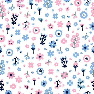 Cute floral seamless pattern with flowers and berries. Scandinavian style d.. Stock Illustration