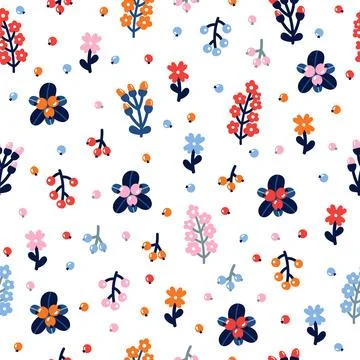 Cute floral seamless pattern with flowers and berries. Scandinavian style d.. Stock Illustration