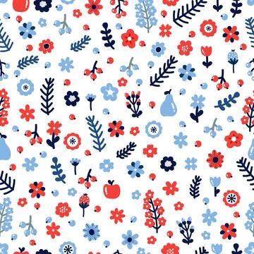 Cute floral seamless pattern with flowers and berries. Scandinavian style d.. Stock Illustration