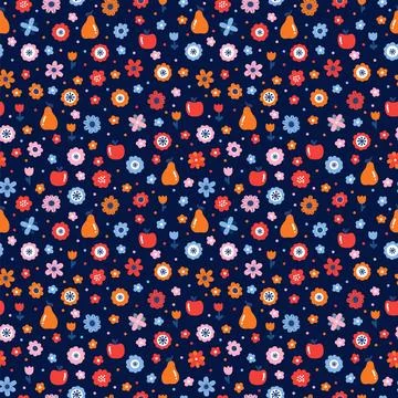 Cute floral seamless pattern with flowers and fruits. Scandinavian style de.. Stock Illustration