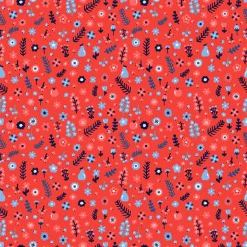 Cute floral seamless pattern with flowers and berries. Colored hand drawn b.. Stock Illustration