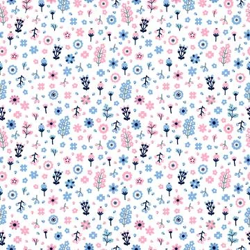 Cute floral seamless pattern with flowers and berries. Scandinavian style d.. Stock Illustration
