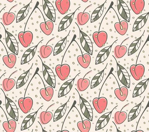 Cute floral seamless pattern. Hand drawn doodle decorative illustration, cherry Stock Illustration