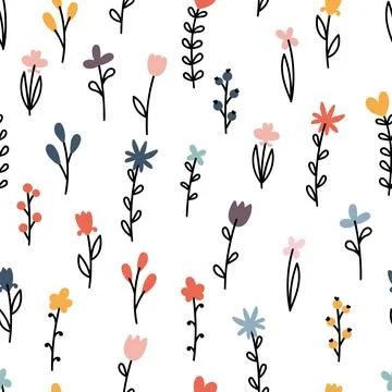 Cute floral seamless pattern. Hand drawn botanical elements. Background wit.. Stock Illustration