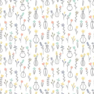 Cute floral seamless pattern. Hand drawn botanical elements with vases. Sca.. Stock Illustration