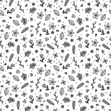 Cute floral seamless pattern with hand drawn elements on white background. .. イラスト素材
