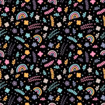 Cute floral seamless pattern with hand drawn elements. Rainbow, flowers. Sc.. Stock Illustration