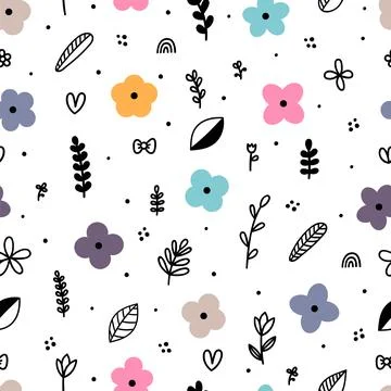 Cute floral seamless pattern with hand drawn elements. Doodle flowers. Scan.. Stock Illustration