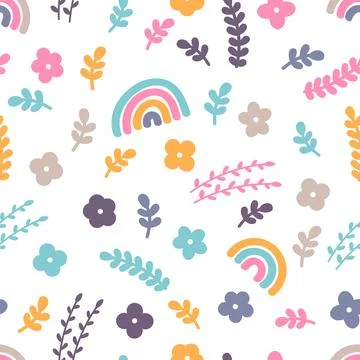 Cute floral seamless pattern with hand drawn elements. Rainbow, flowers. Sc.. 스톡 일러스트